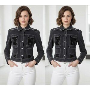 Size M Women's Black boho Denim fitted Jacket 4 pockets beaded balloon sleeves